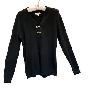 Charter Club V-neck Sweater Cotton Blend Gold Clasps Women's Size Medium Black